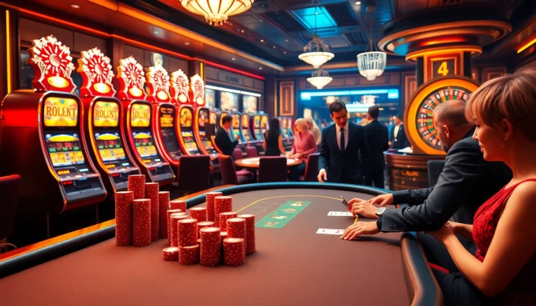Experience the excitement of gambling at https://288t.global/ with players enjoying a poker game and vibrant slot machines.