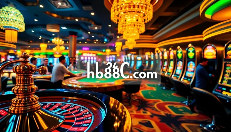 Exciting casino floor scene highlighting gambling activities at https://hb88c.com/ with roulette and poker tables.