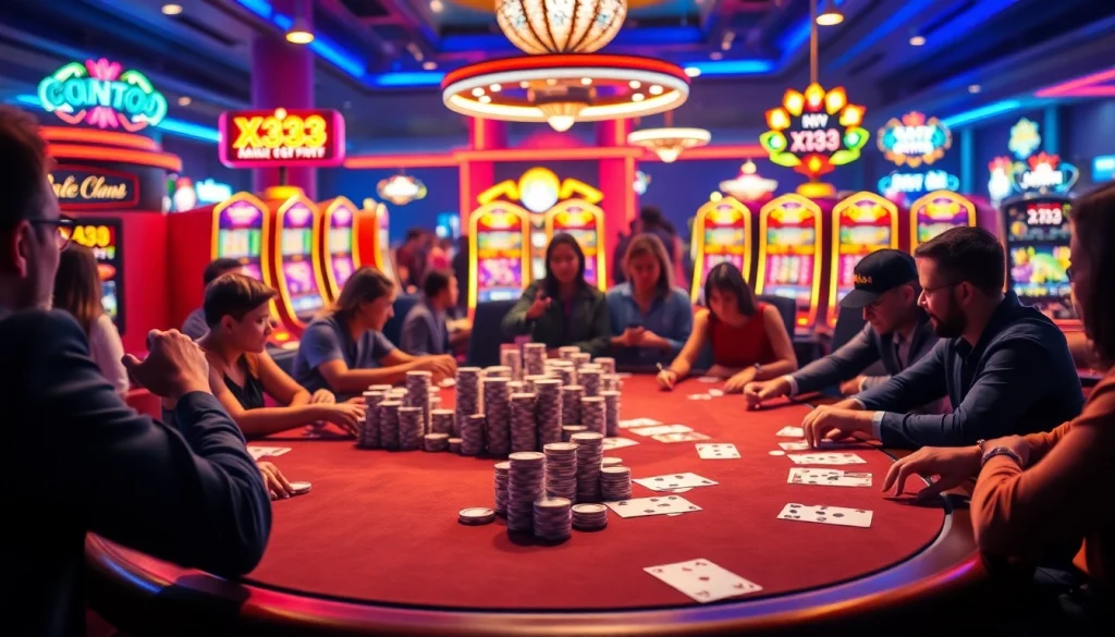 X333 captivates with vibrant casino activity, showcasing poker chips and intense gameplay in a luxurious setting.