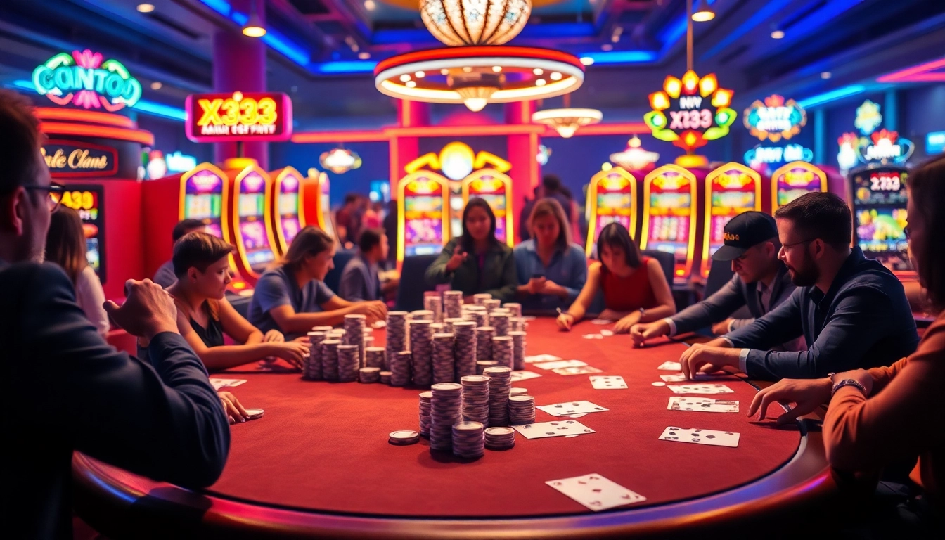 X333 captivates with vibrant casino activity, showcasing poker chips and intense gameplay in a luxurious setting.