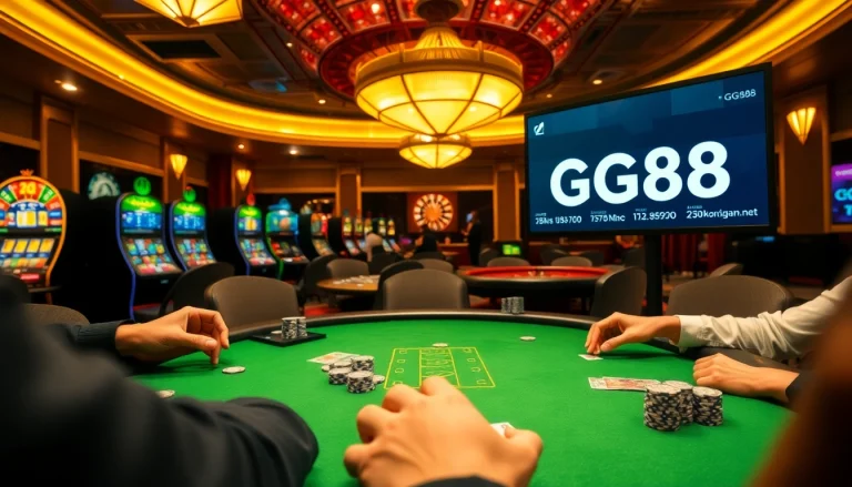 Experience a thrilling GG88 gaming scene with poker players and vibrant casino elements, showcasing the excitement of online gambling.