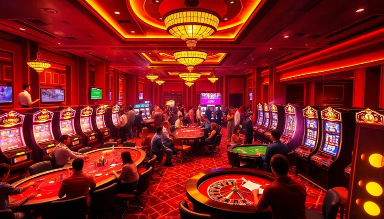Excited players at cổng game Go88 enjoy poker tables and roulette wheels in a lively casino.
